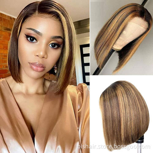 Glue-free highlight short Bob wig Brazilian straight hair 4/27 Gradient brown honey blond hair Lace front real human hair wig